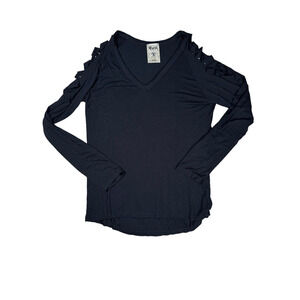 Vocal Cold Shoulder Top Womens M Black Long Sleeve Cut Outs Boho Grunge V-Neck